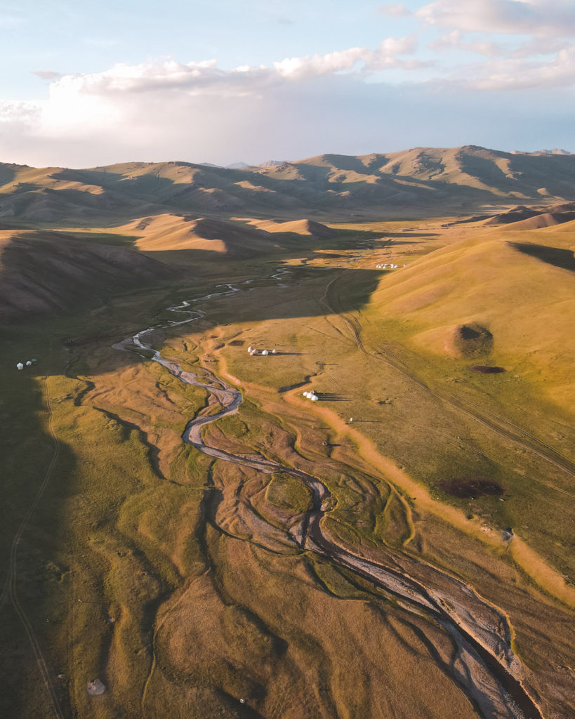 The valley leading to Song-Kul lake with a few yurt camps