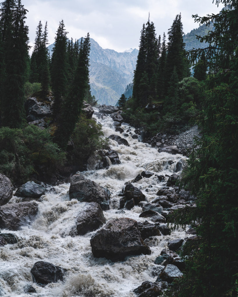 Wild Karakol river cascading down the valley